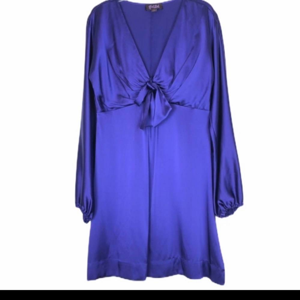 Hale Bob Royal Purple Silk Tie-Front Long Sleeve Dress